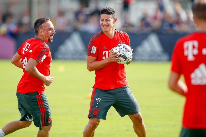 Франк Рибери и Хамес Родригес на тренировке перед домашним матчем с «Байером»